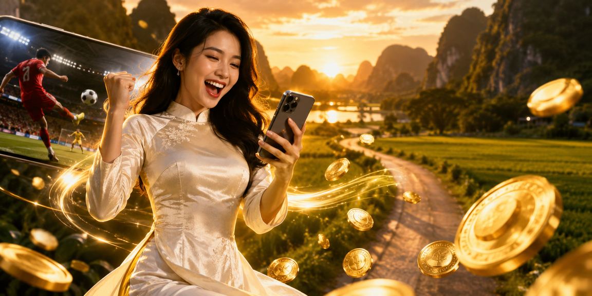 Người dùng tại Ninh Bình trong trang phục áo dài truy cập casino và tiền thưởng qua ứng dụng di động